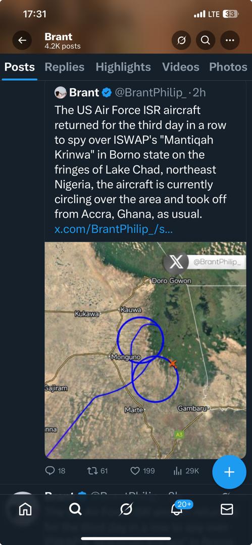 Social media reckless leaks of U.S ISR flights over Lake Chad force ISWAP fighters to relocate