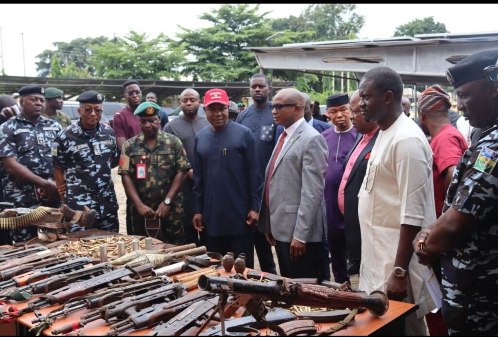 Gov Mbah Lauds DSS, Army, Others as He Inspects Arms Cache Seized From ESN Terrorists